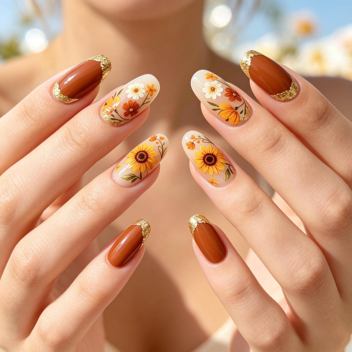 Autumn Sunflower and Wildflower Nails with Gold Foil