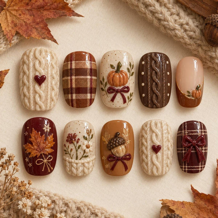 Autumn Sweater Press On Nails with Plaid, Pumpkins, Bows, and Fall Leaves