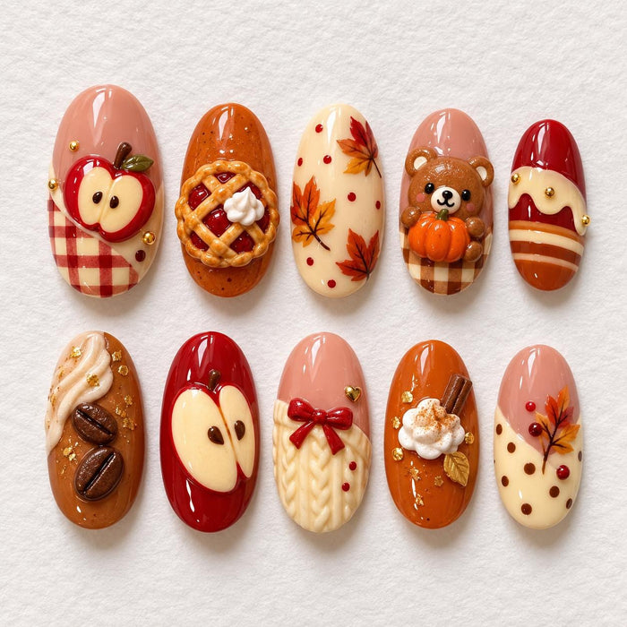 Autumn Teddy Bear and Pumpkin Press On Nails with Pie, Apples, and Coffee Details