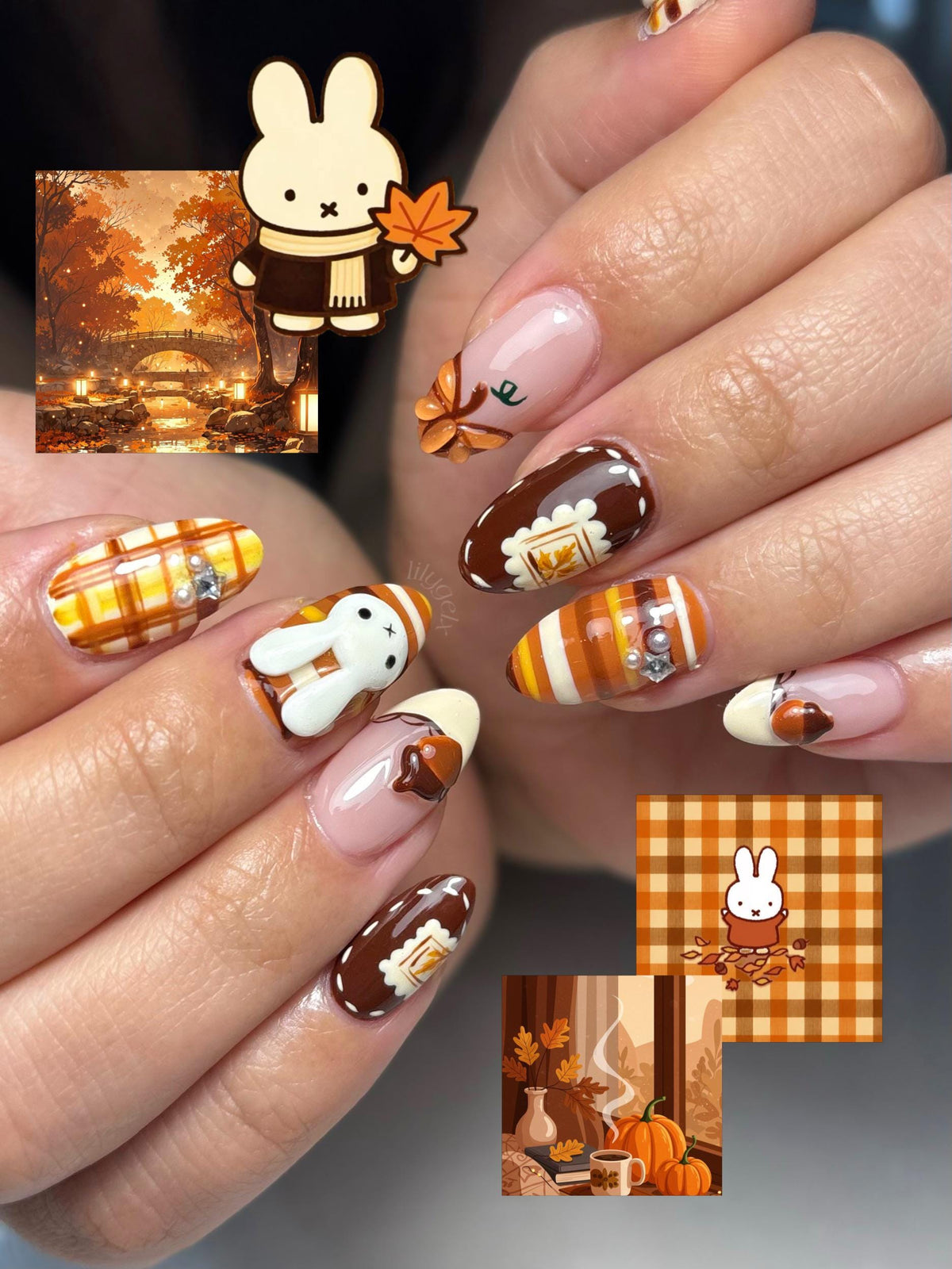 Autumn Thanksgiving Plaid Bunny Press On Nails with Raised Bow Details