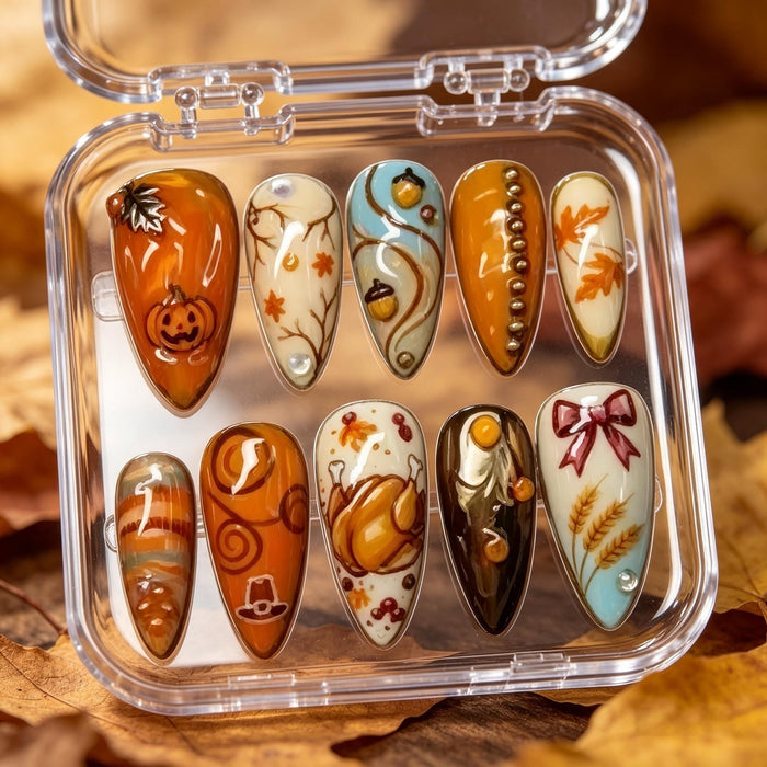 Autumn Thanksgiving Press On Nails With Pumpkins, Acorns, Leaves and Bow
