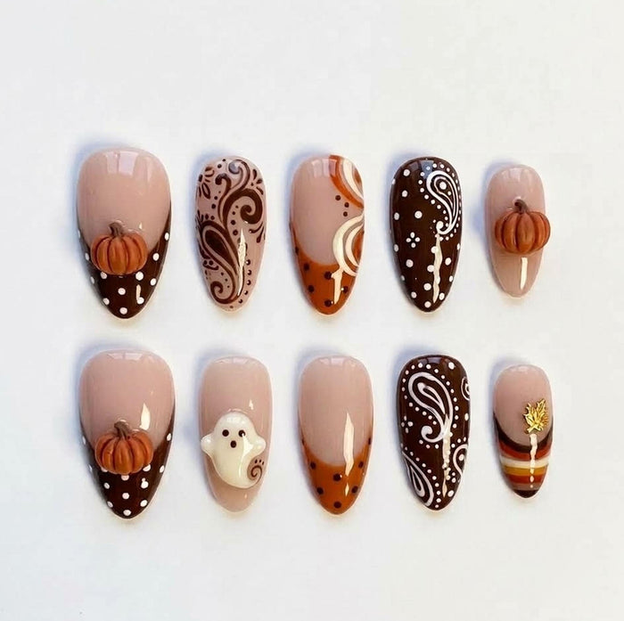 Autumn Thanksgiving Pumpkin Paisley Press On Nails in Chocolate Brown and Terracotta
