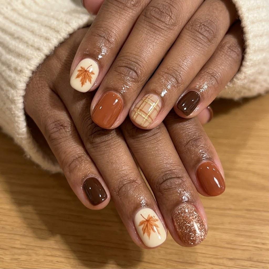 Autumn Thanksgiving Rust and Brown Plaid Maple Leaf Nail Set With Bronze-Gold Glitter