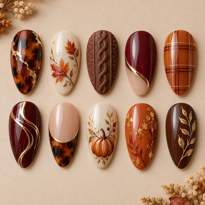 Autumn Tortoiseshell, Burgundy and Gold Plaid Press On Nail Set