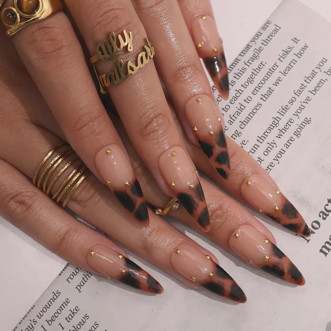 Autumn Tortoiseshell French Tip Nails With Gold Stud Accents