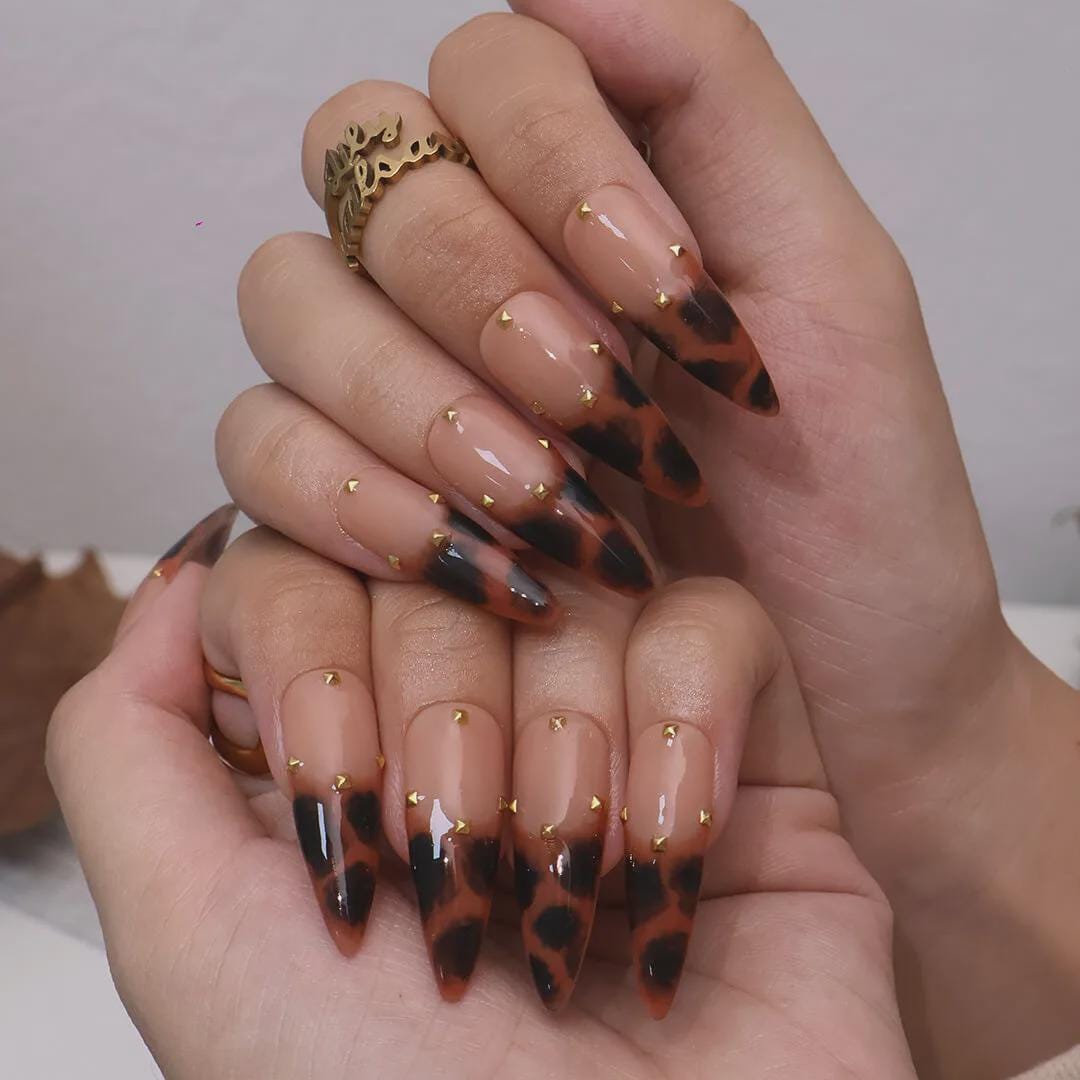Autumn Tortoiseshell French Tip Nails With Gold Stud Accents
