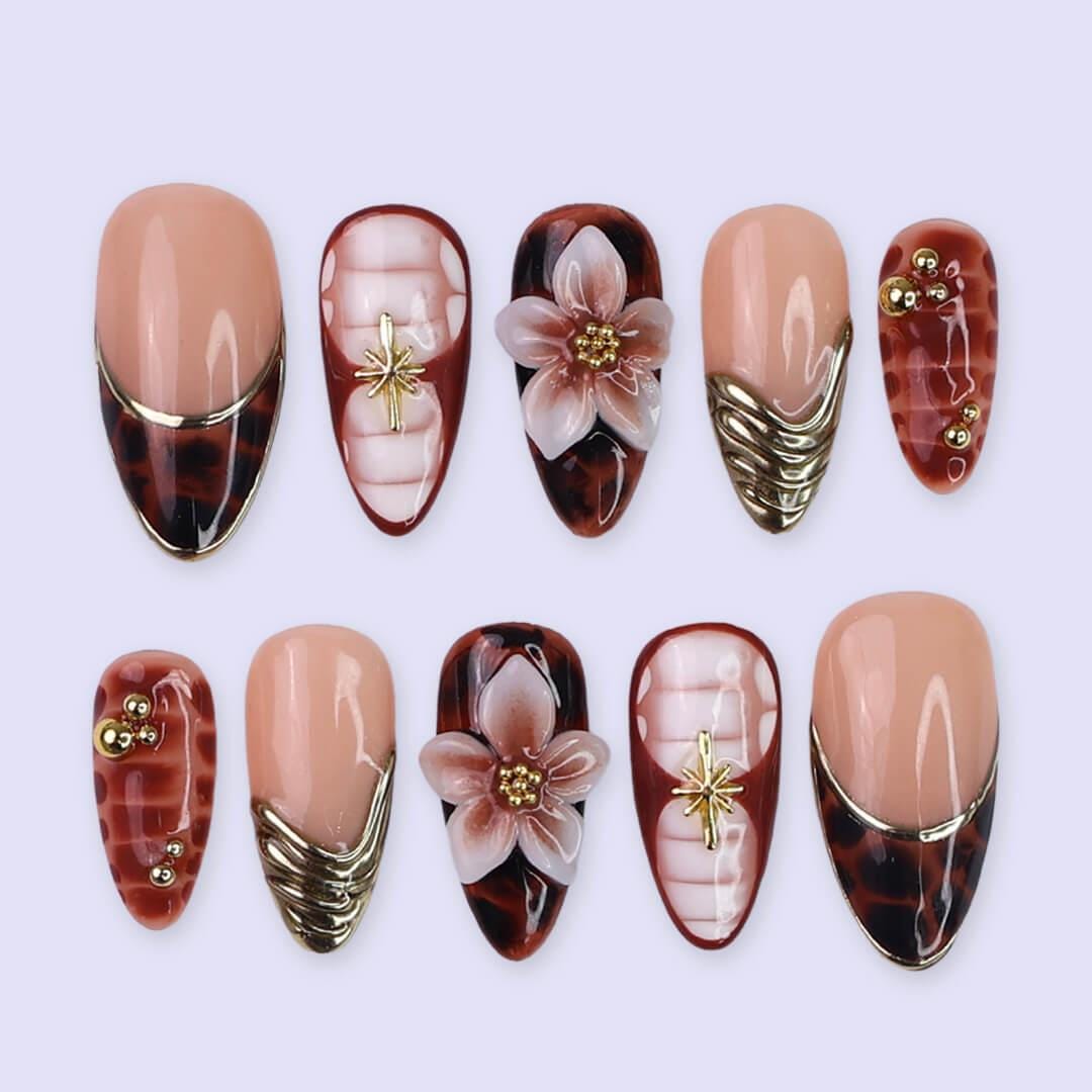 Autumn Tortoiseshell, Reptile-Scale & 3D Floral Gold Accent Nail Set