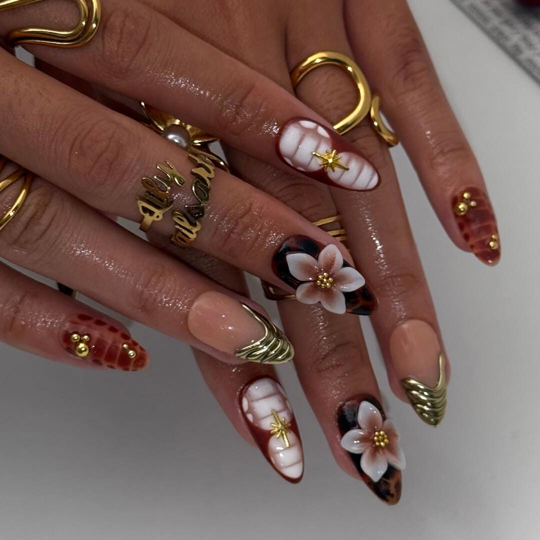 Autumn Tortoiseshell, Reptile-Scale & 3D Floral Gold Accent Nail Set