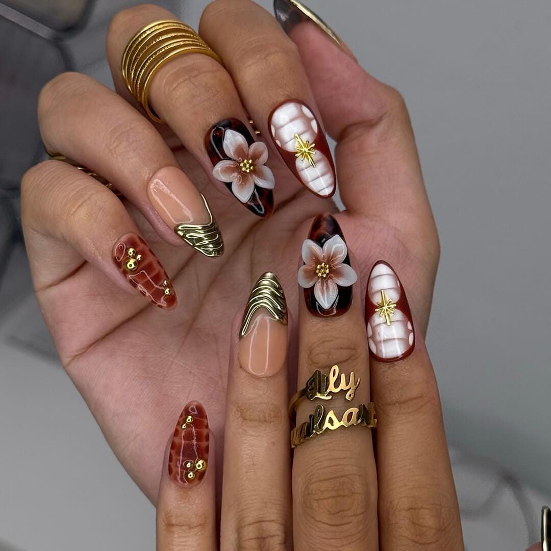 Autumn Tortoiseshell, Reptile-Scale & 3D Floral Gold Accent Nail Set