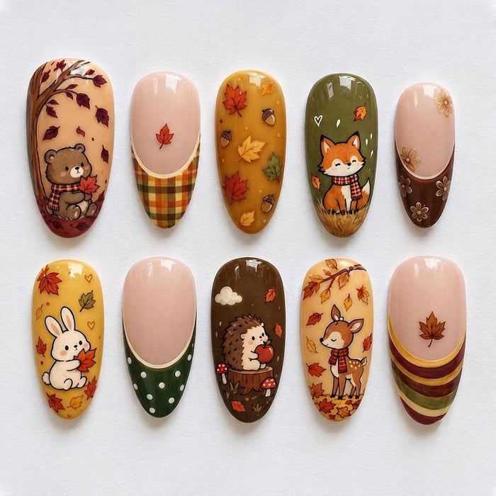 Autumn Woodland Animal Press On Nail Set With Leaves, Plaid, Polka Dots, and French Tips