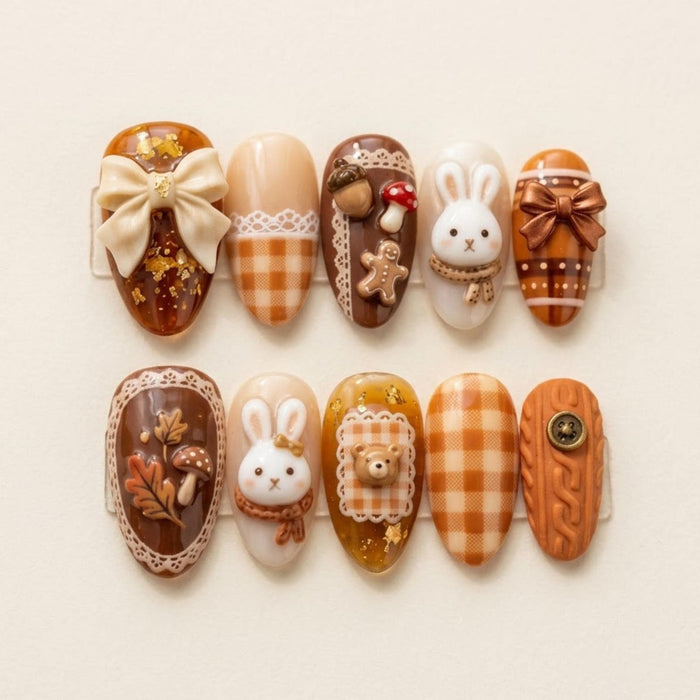 Autumn Woodland Bunny Press-On Nail Set With Gingham, Mushrooms, and 3D Bows