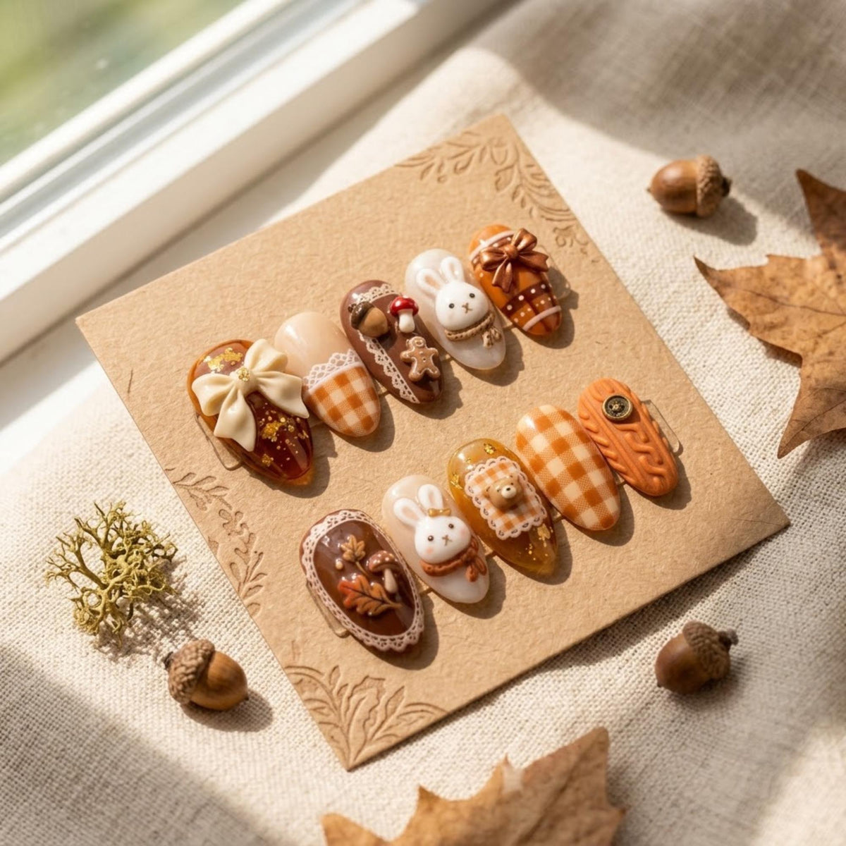 Autumn Woodland Bunny Press-On Nail Set With Gingham, Mushrooms, and 3D Bows
