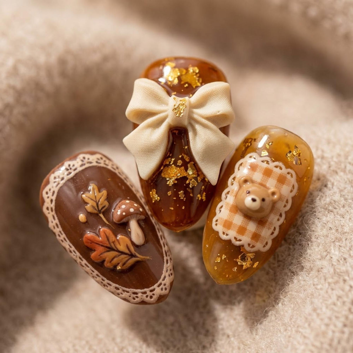 Autumn Woodland Bunny Press-On Nail Set With Gingham, Mushrooms, and 3D Bows