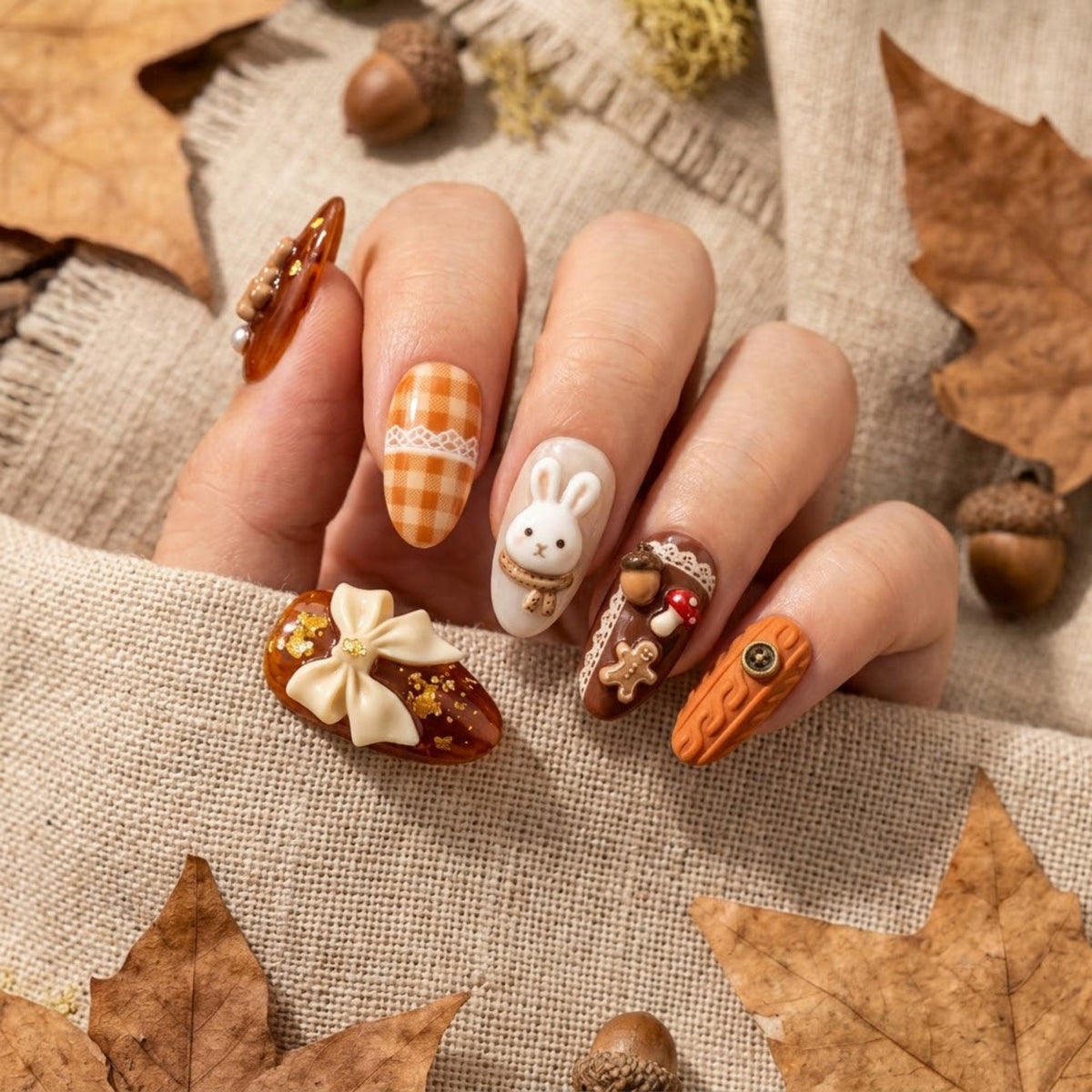 Autumn Woodland Bunny Press-On Nail Set With Gingham, Mushrooms, and 3D Bows