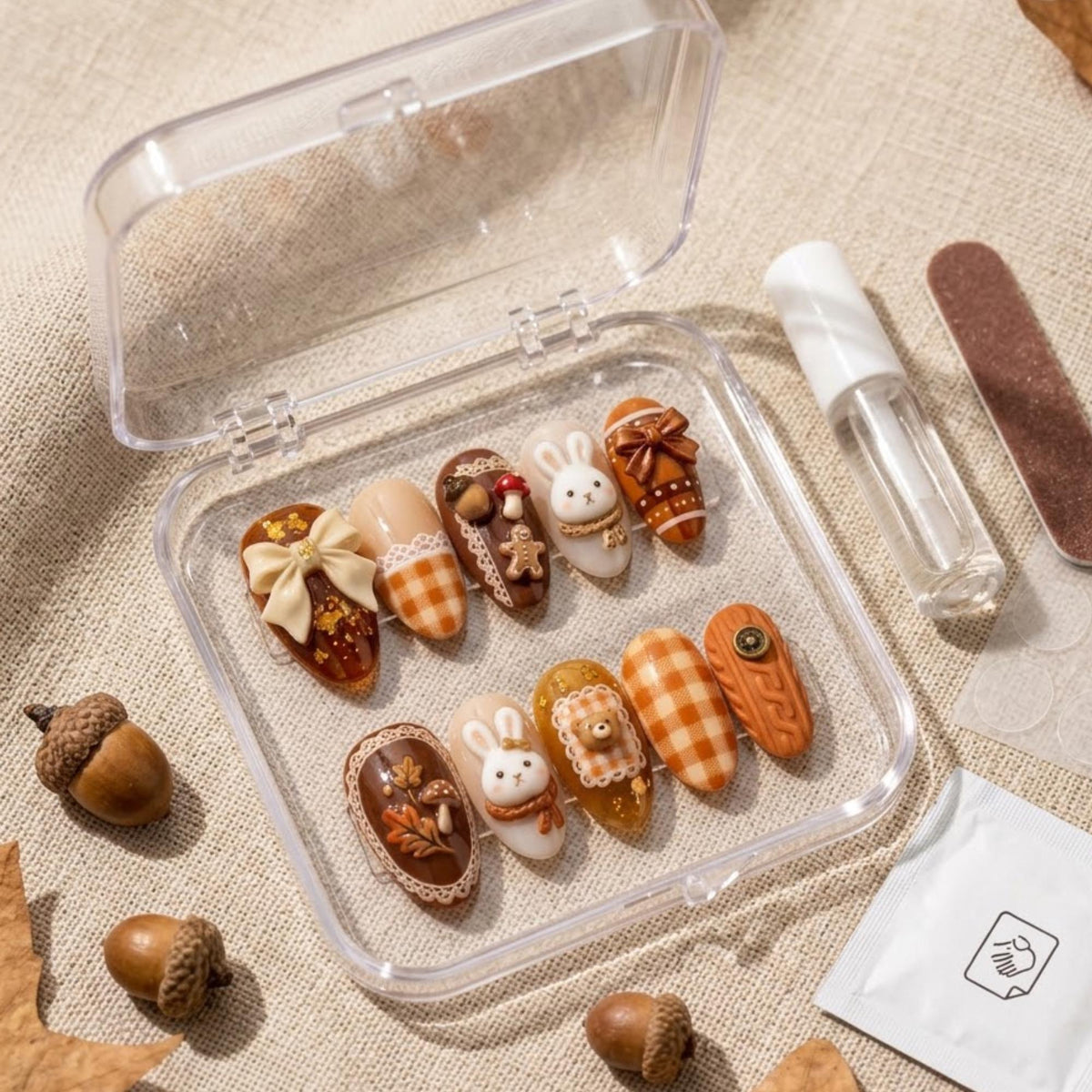 Autumn Woodland Bunny Press-On Nail Set With Gingham, Mushrooms, and 3D Bows