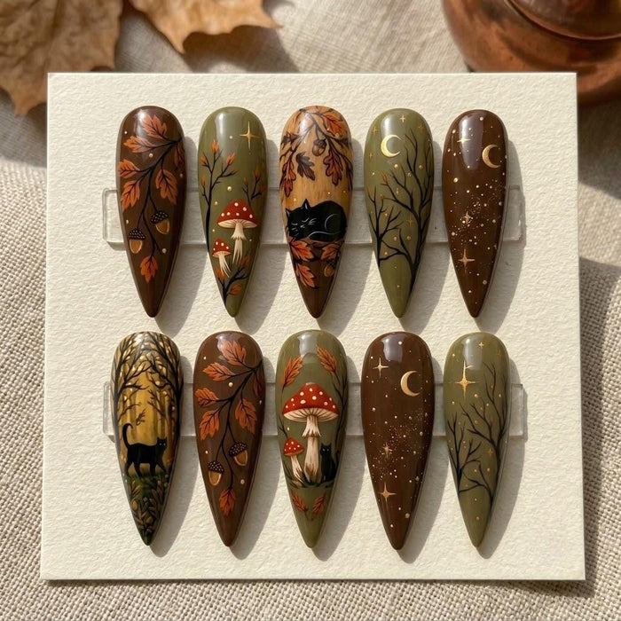 Autumn Woodland Cat, Mushroom, Moon and Forest Press-On Nails