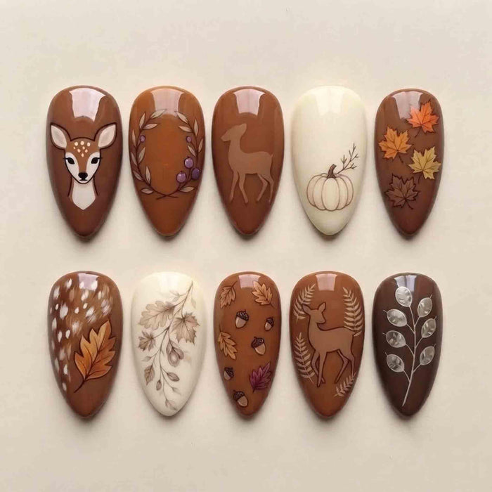 Autumn Woodland Deer and Fawn Press On Nail Set With Pumpkins, Acorns, and Leaves