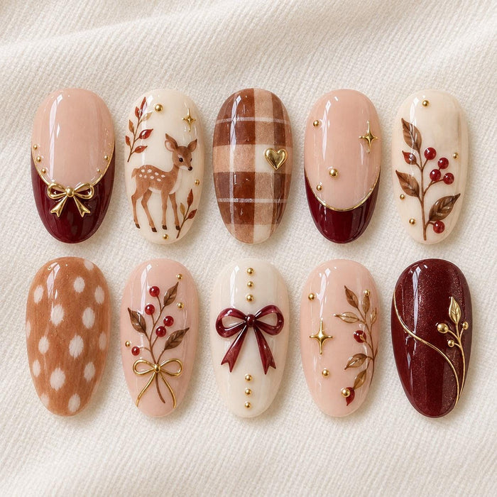 Autumn Woodland Fawn, Plaid & Burgundy French Tip Press On Nail Set with Berry Sprigs and Gold Bows