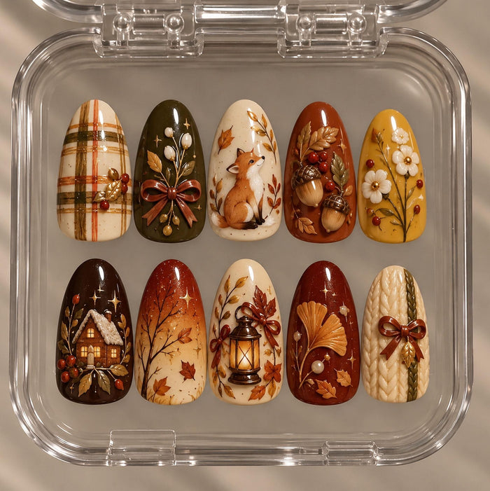 Autumn Woodland Fox, Acorn, and Fall Leaves Press On Nail Set