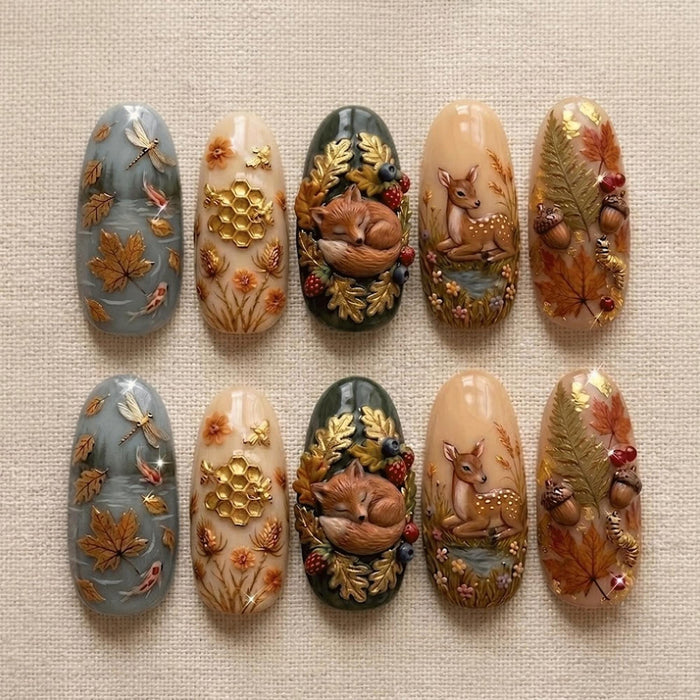 Autumn Woodland Press On Nails with Raised Fox, Deer, Berries and Gold Accents
