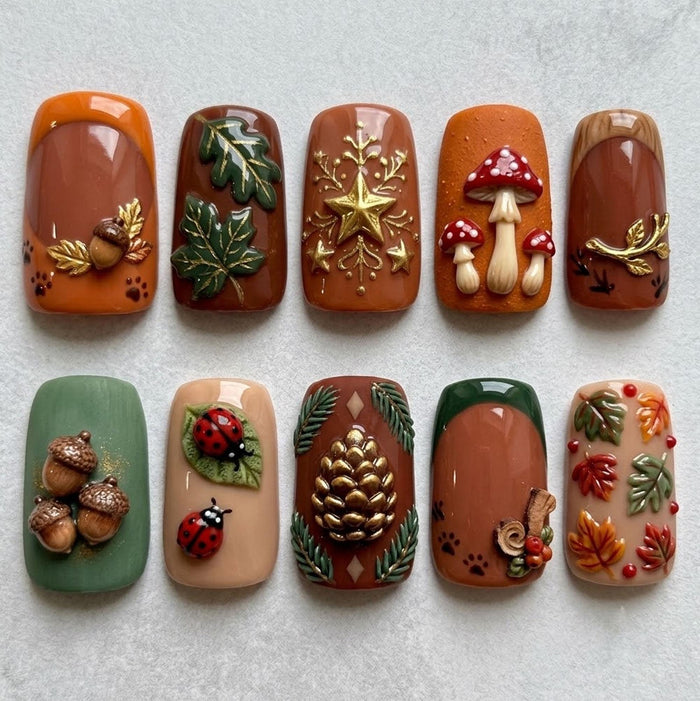 Autumn Woodland Press-On Nails With 3D Acorns, Mushrooms, Ladybugs & Leaves