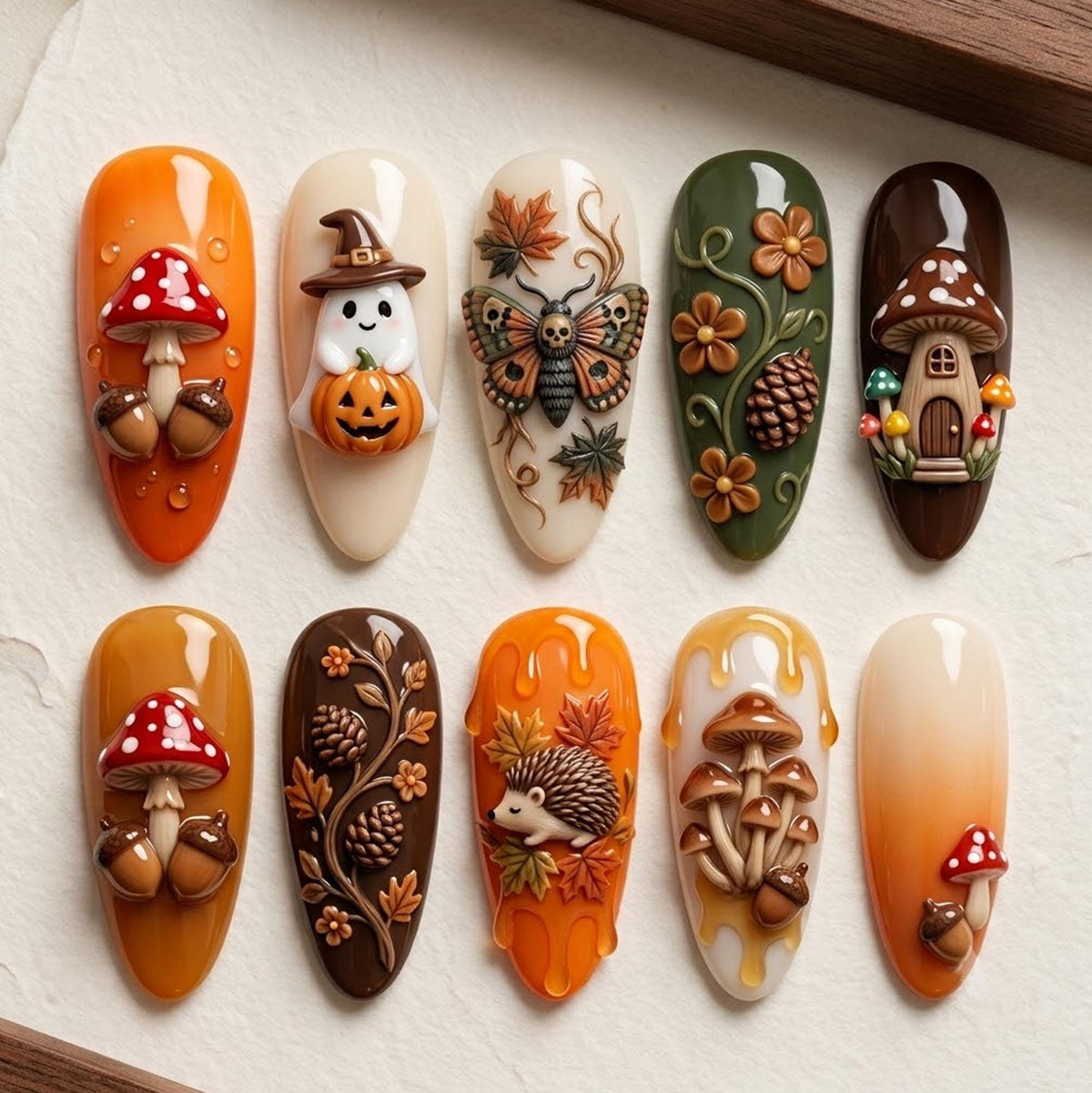 Autumn Woodland Press On Nails With 3D Mushrooms, Acorns, Leaves and Forest Creatures