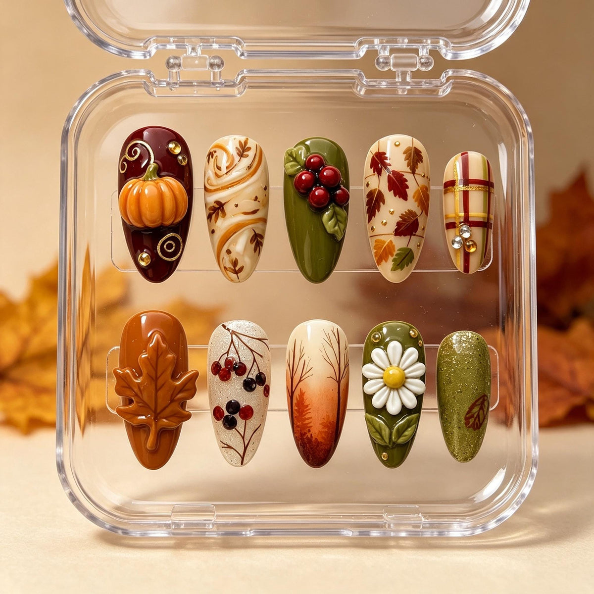 Autumn Woodland Press On Nails with 3D Pumpkin, Maple Leaf, Berries and Plaid