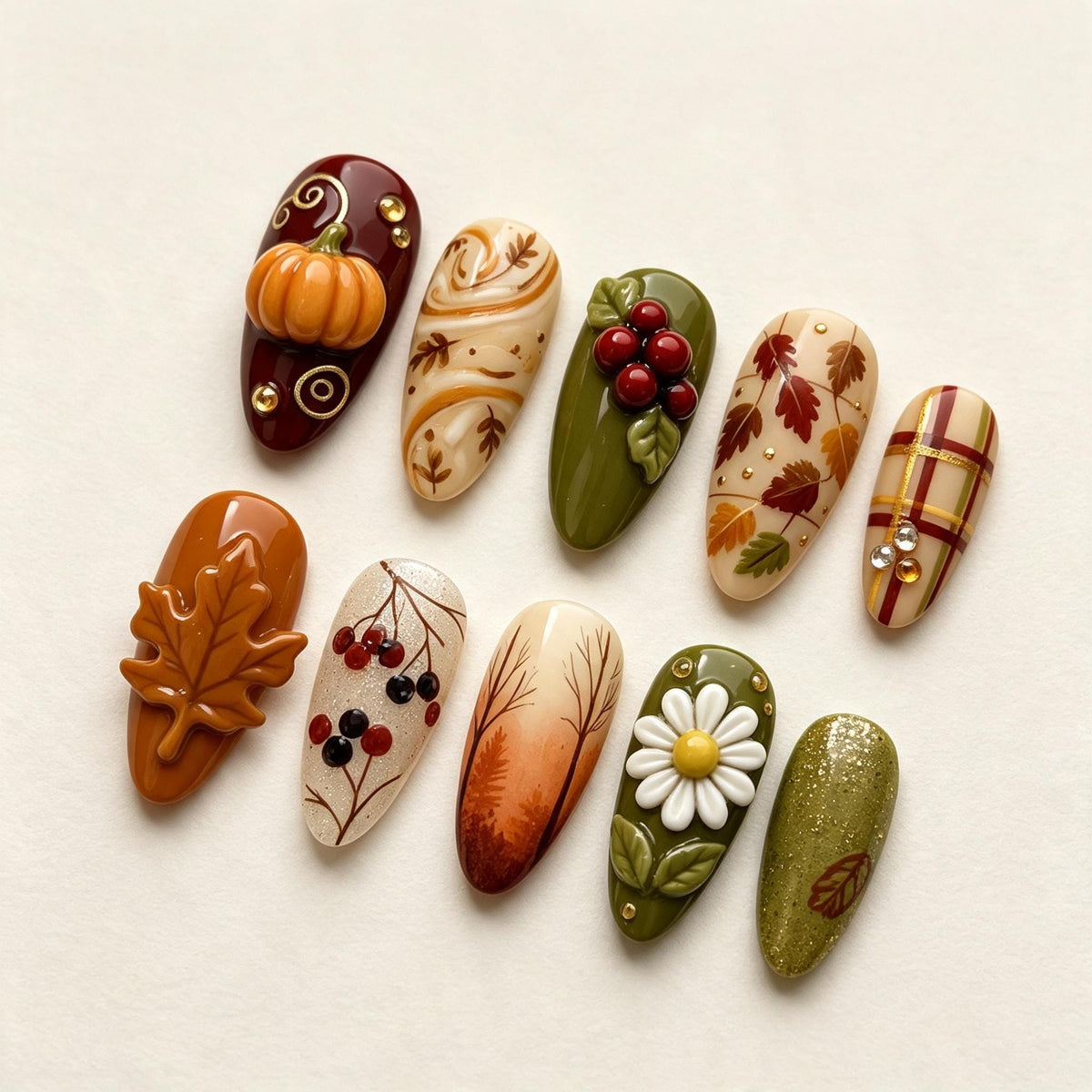 Autumn Woodland Press On Nails with 3D Pumpkin, Maple Leaf, Berries and Plaid