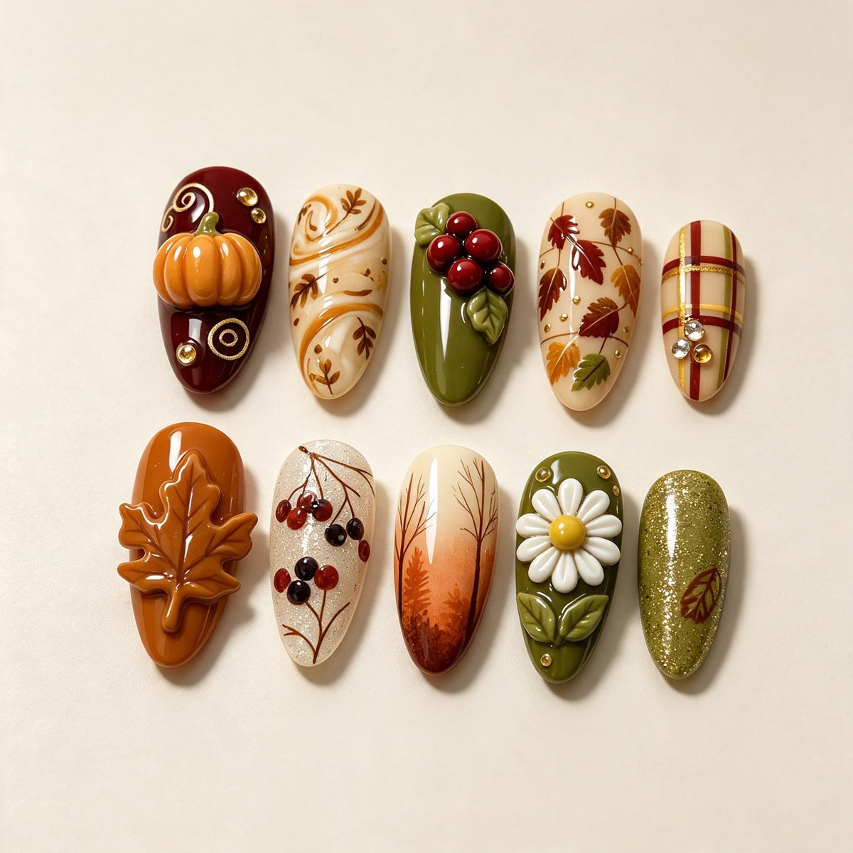Autumn Woodland Press On Nails with 3D Pumpkin, Maple Leaf, Berries and Plaid