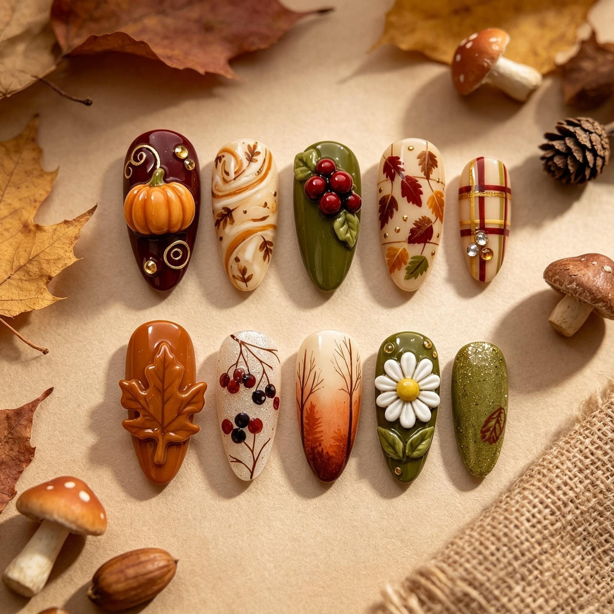 Autumn Woodland Press On Nails with 3D Pumpkin, Maple Leaf, Berries and Plaid