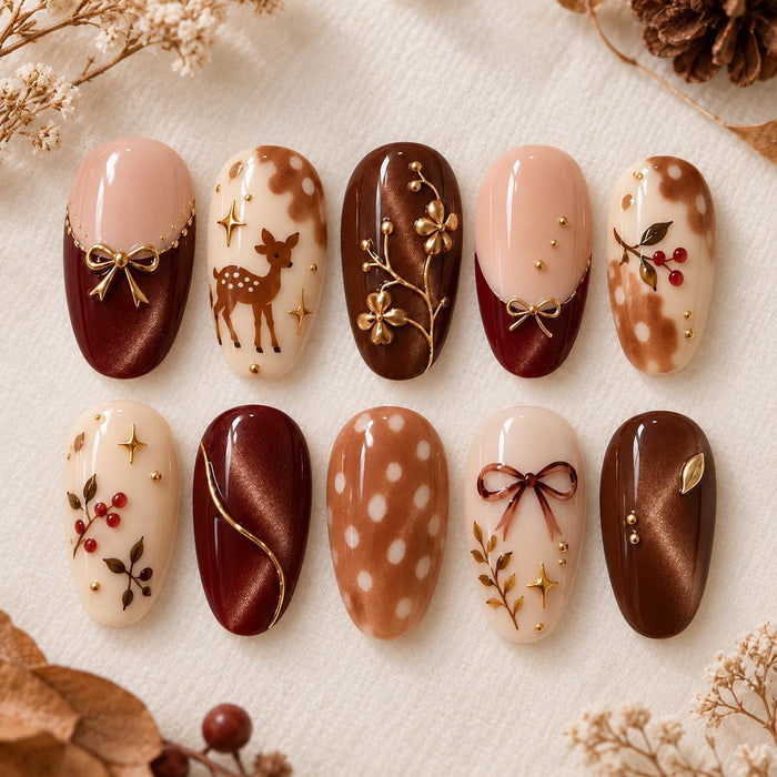 Autumn Woodland Press-On Nails With Fawn, Berries, Gold Bows, and Burgundy French Tips