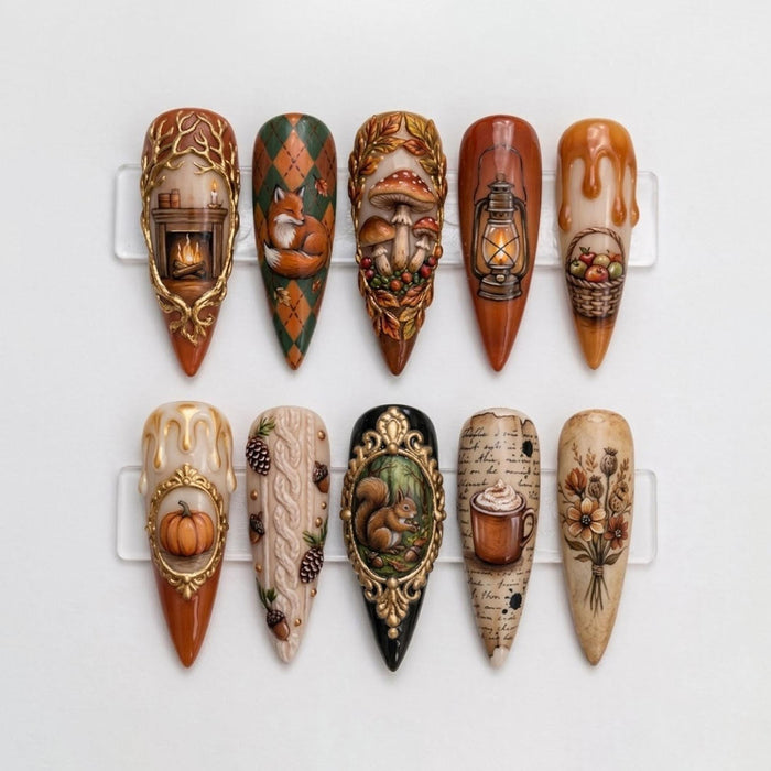 Autumn Woodland Press On Nails With Foxes, Mushrooms, Pumpkins and Gold Details