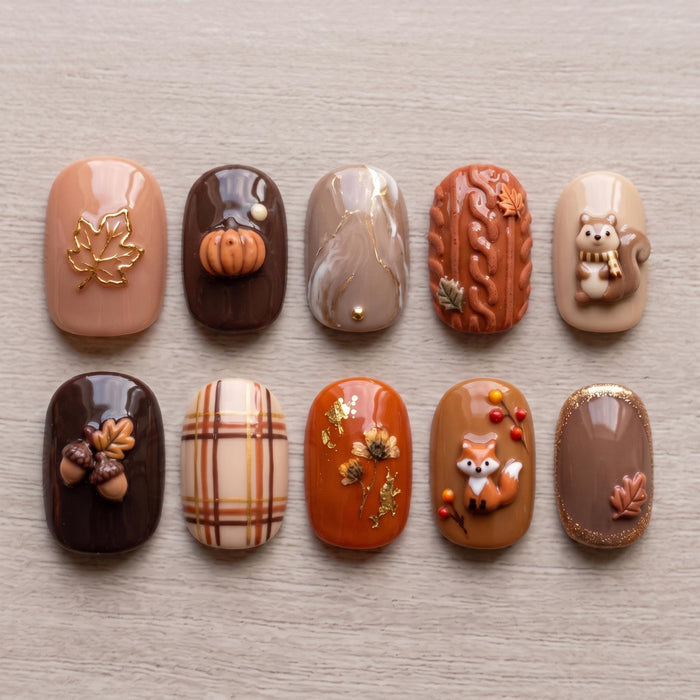Autumn Woodland Press-On Nails With Foxes, Squirrels, Plaid, and Pumpkins