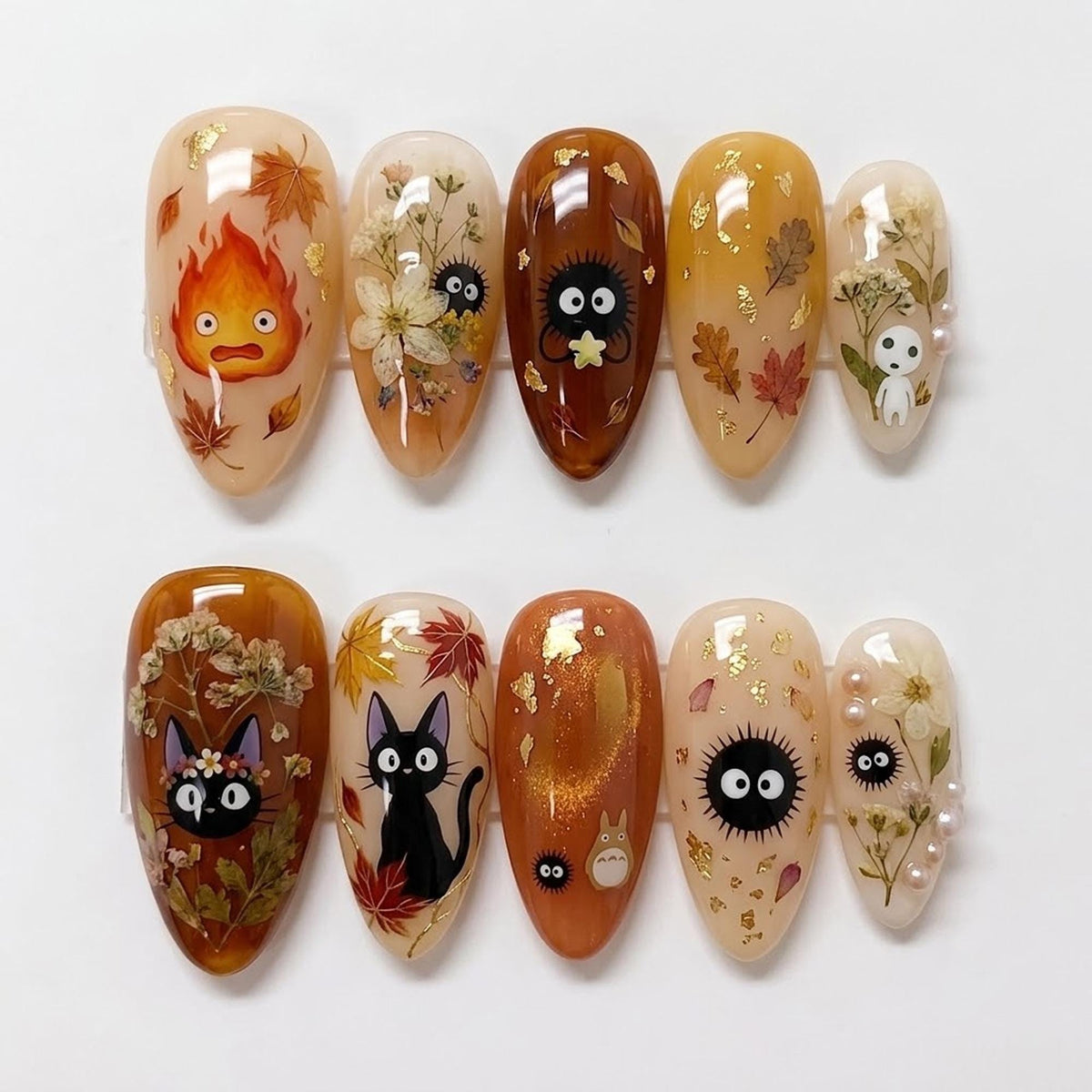 Autumn Woodland Press-On Nails with Leaves, Flowers and Whimsical Characters