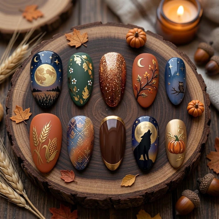 Autumn Woodland Press On Nails With Moons, Wolves, Pumpkins and Gold Glitter