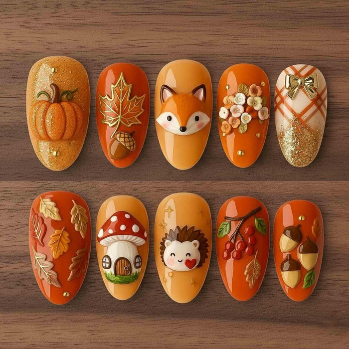 Autumn Woodland Press On Nails with Pumpkins, Fox, Hedgehogs, Mushrooms and Leaves