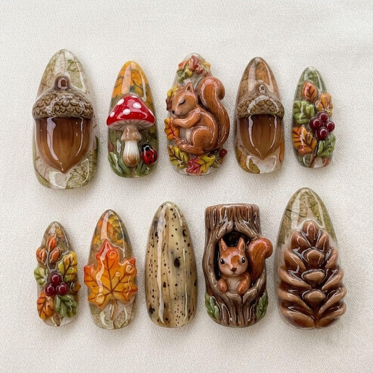Autumn Woodland Press-On Nails With Sculpted Squirrels, Mushrooms, Acorns, and Leaves