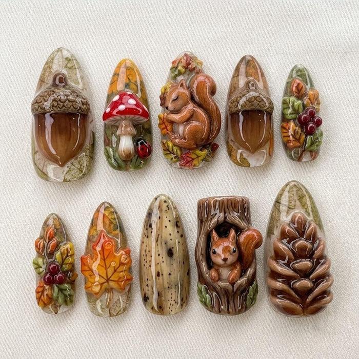 Autumn Woodland Press-On Nails With Sculpted Squirrels, Mushrooms, Acorns, and Leaves