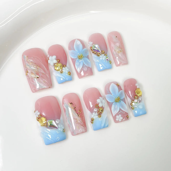 Baby Blue French Tip Press On Nails With 3D Flowers and Gold Details