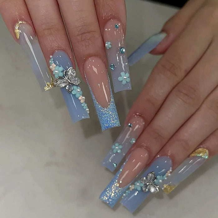 Baby Blue Glitter French Tip Press On Nails with Raised Flowers and Silver Butterfly Charms