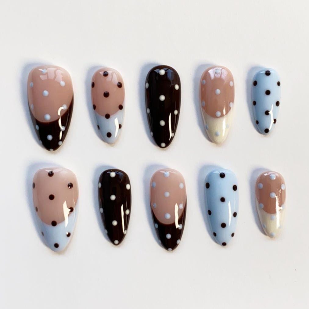 Baby Blue, Nude Pink and Dark Brown Polka Dot Press-On Nails