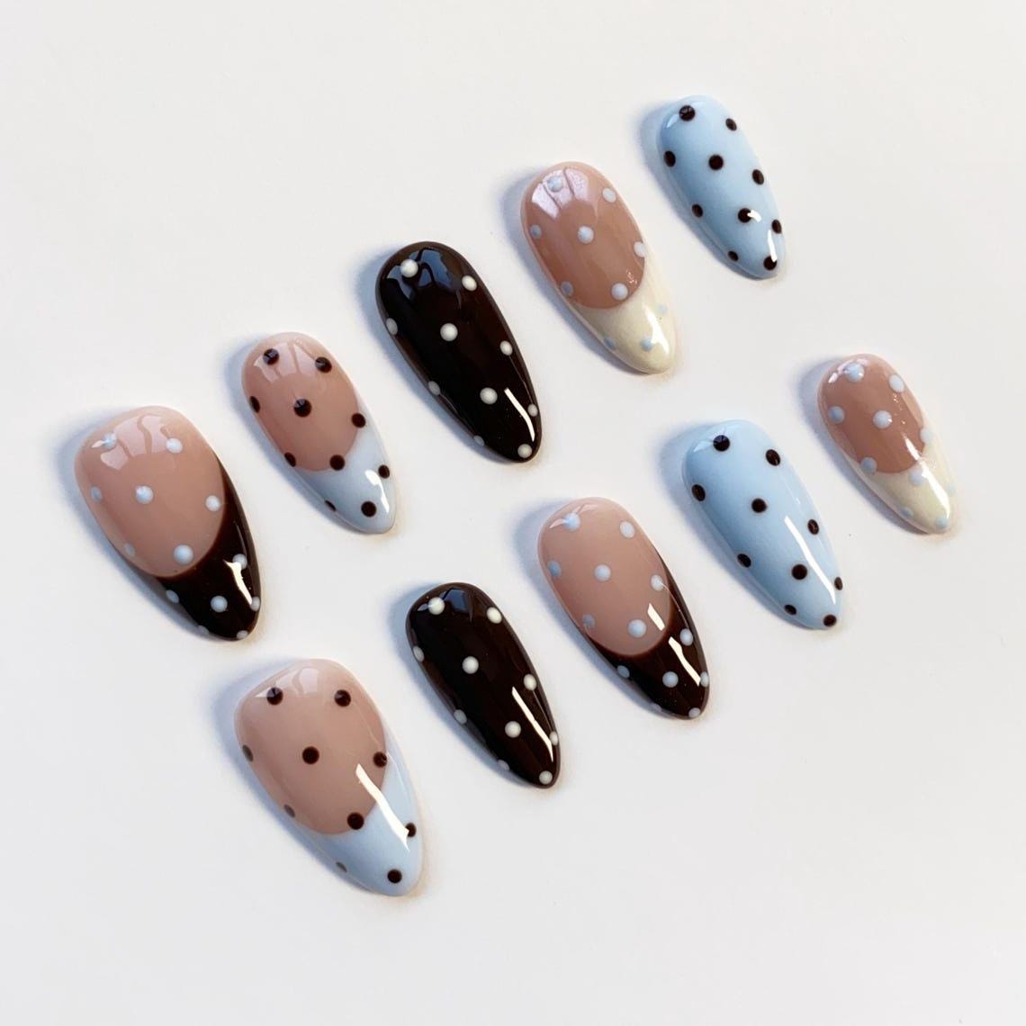 Baby Blue, Nude Pink and Dark Brown Polka Dot Press-On Nails