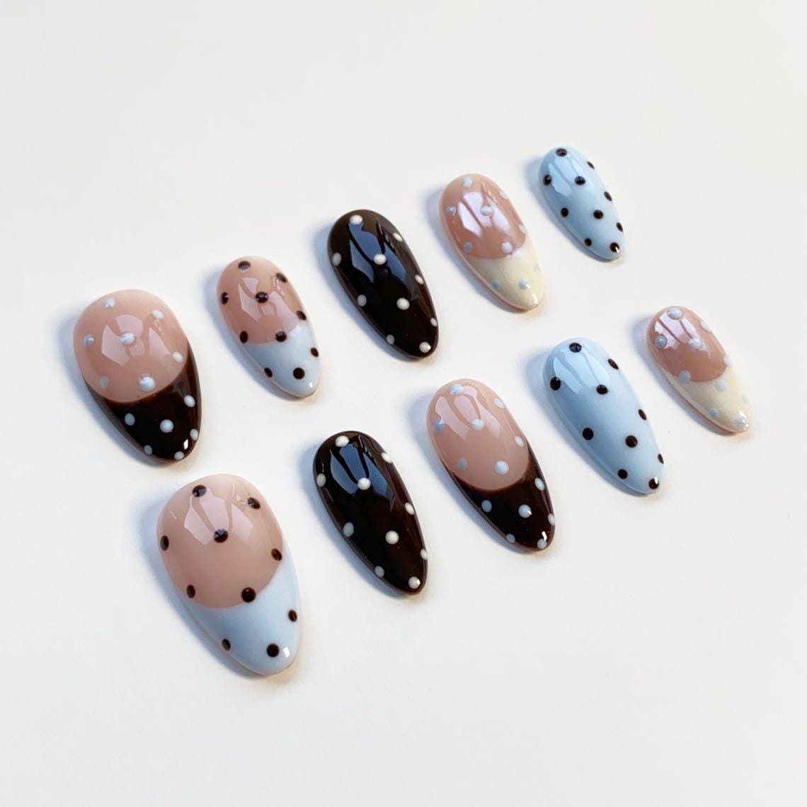 Baby Blue, Nude Pink and Dark Brown Polka Dot Press-On Nails