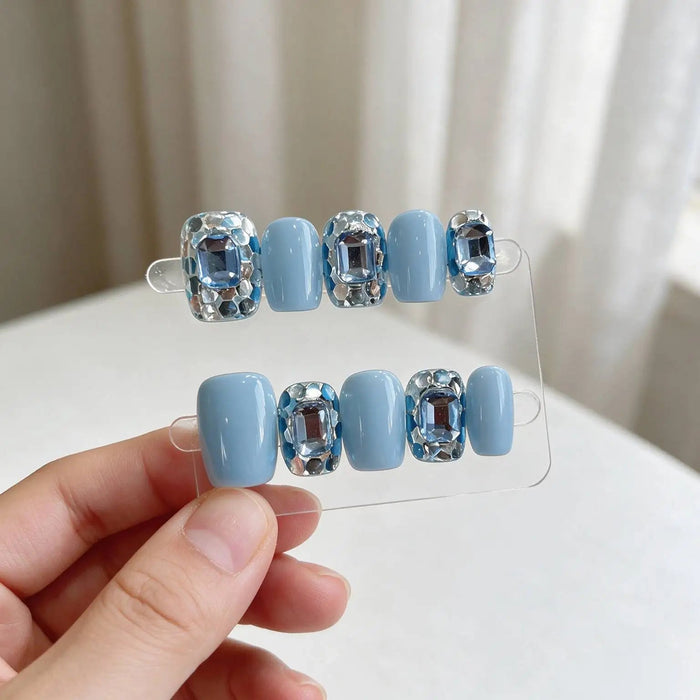 Baby Blue Press On Nails With Raised Blue Gems and Rhinestones