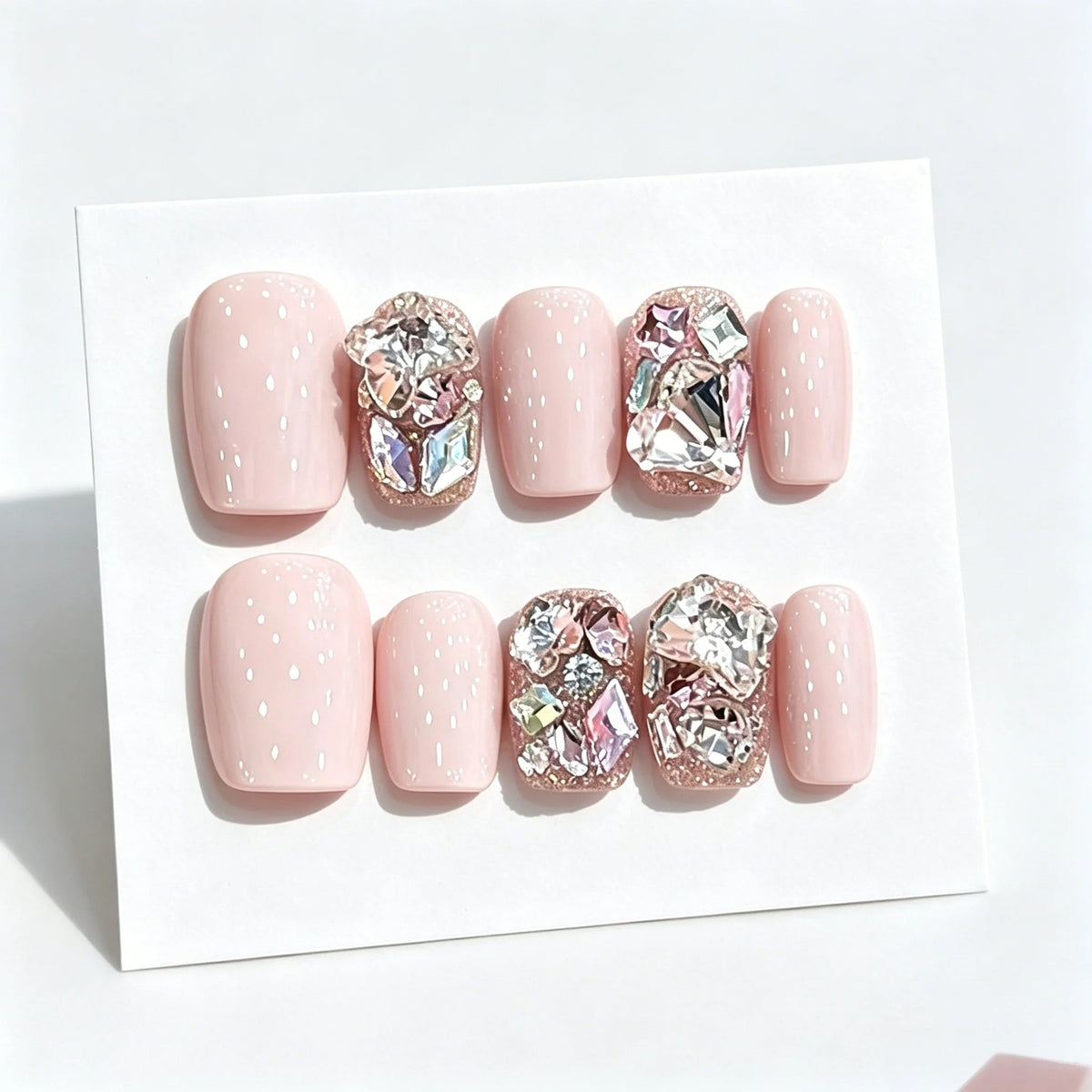 Baby Pink Polka Dot Press On Nails With Faceted Rhinestone Accents
