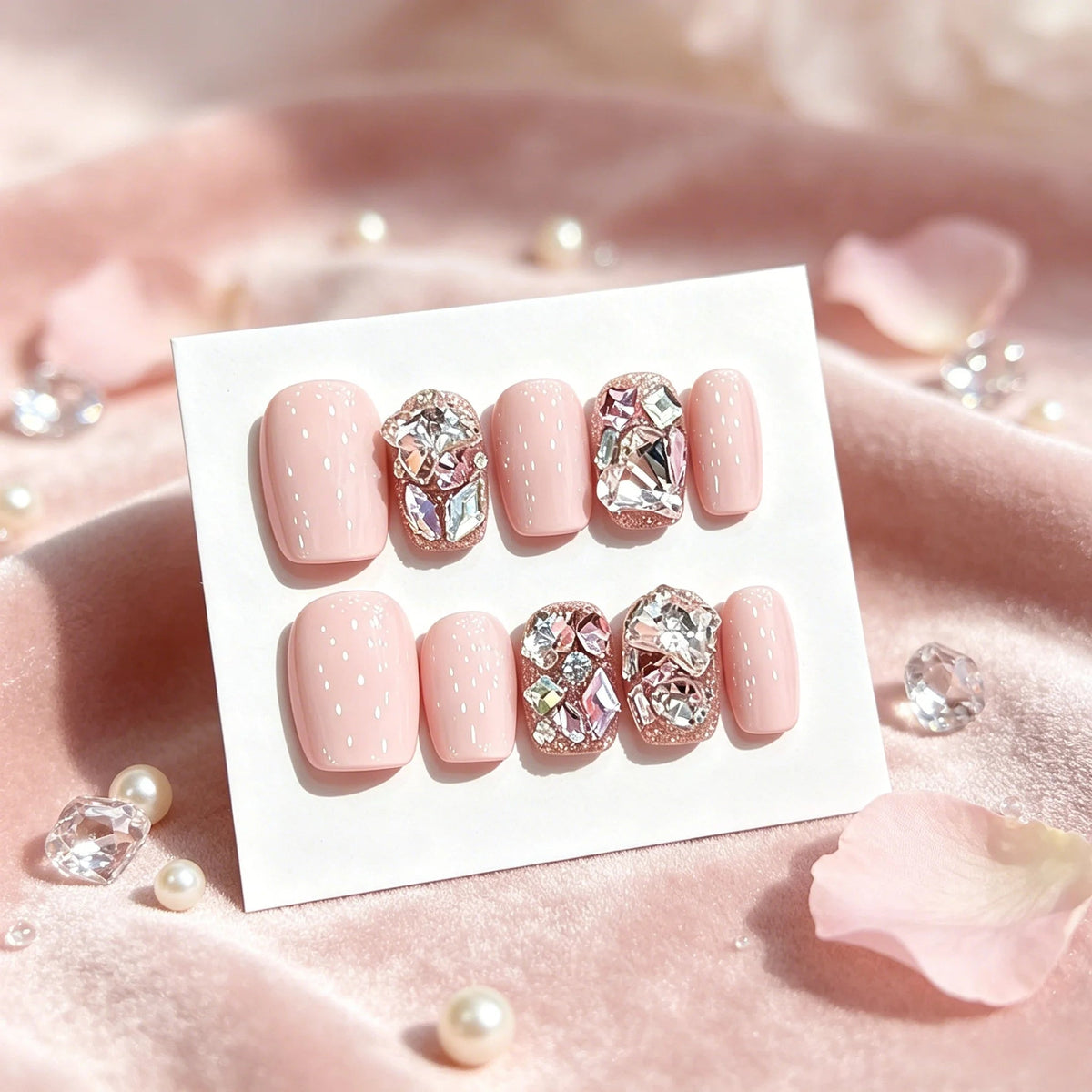 Baby Pink Polka Dot Press On Nails With Faceted Rhinestone Accents
