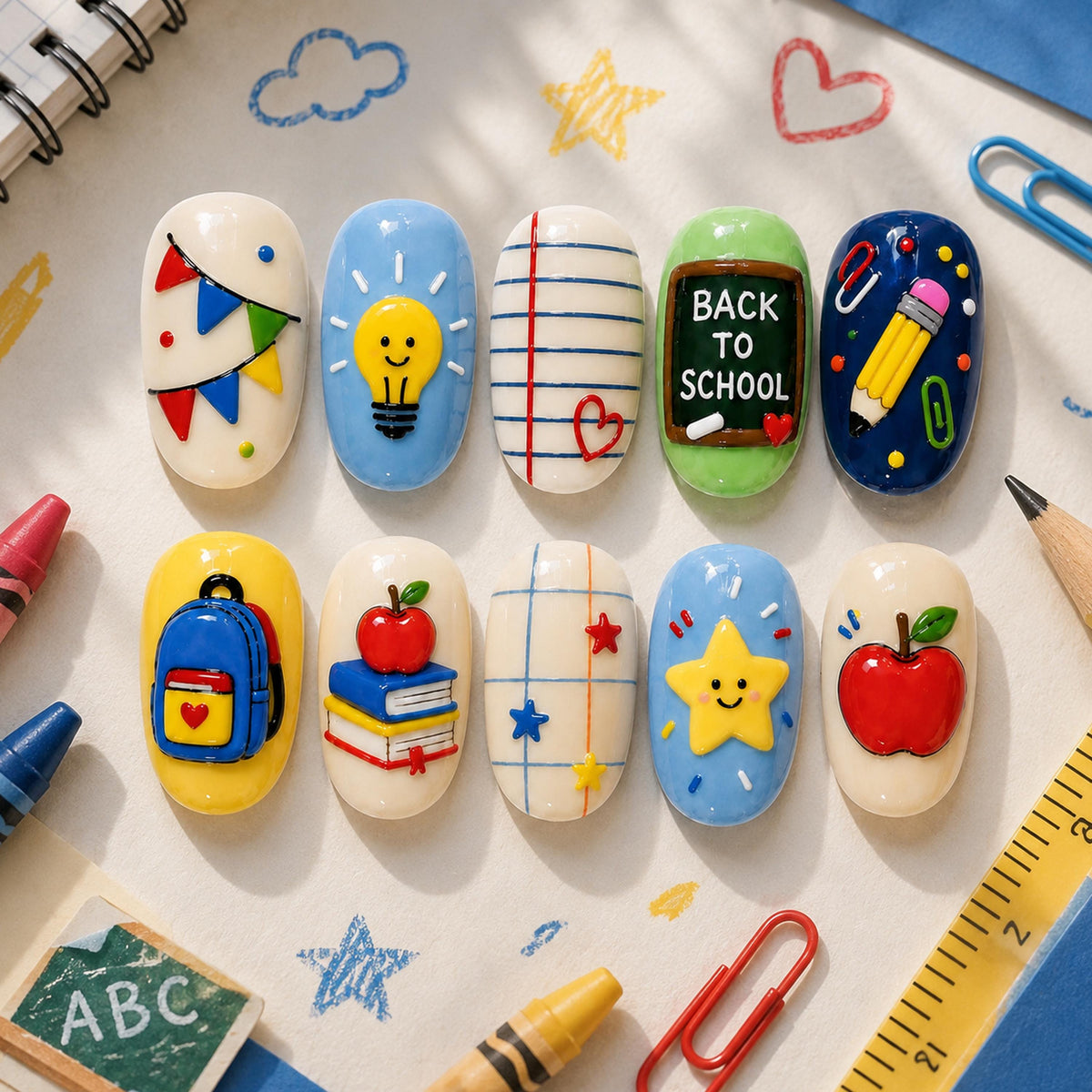 Back-to-School 3D Nail Set With Apples, Books, Pencils, and Classroom Details