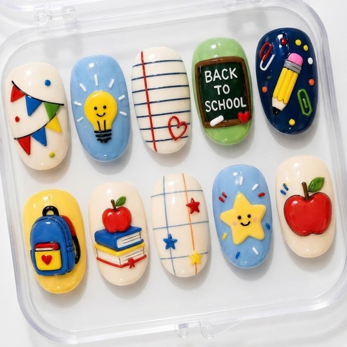 Back-to-School 3D Nail Set With Apples, Books, Pencils, and Classroom Details