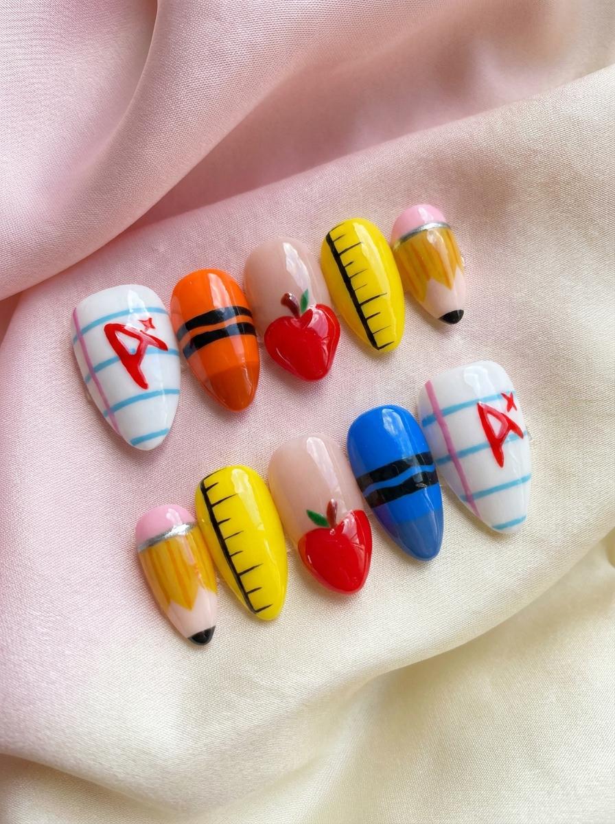Back-to-School Apple Nail Set with Pencils, Rulers, and A+ Details