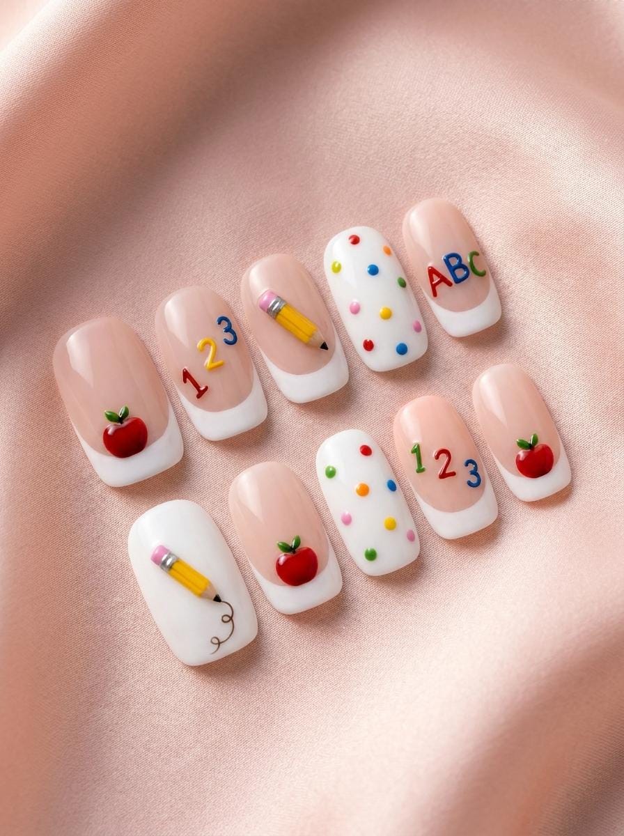 Back-to-School French Tip Press-On Nails With 3D Apples, Pencils, ABCs and Polka Dots